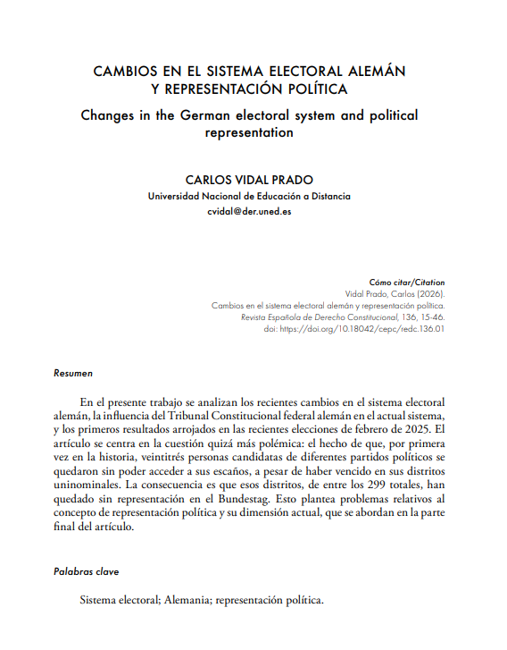 redc_cepc's tweet photo. 🟡En la #REDC136 se publica «Cambios en el sistema electoral alemán y representación política», de Carlos Vidal Prado

🔗Acceso a través https://t.co/W7rW3LO7Tx https://t.co/mPY6xTOOkd