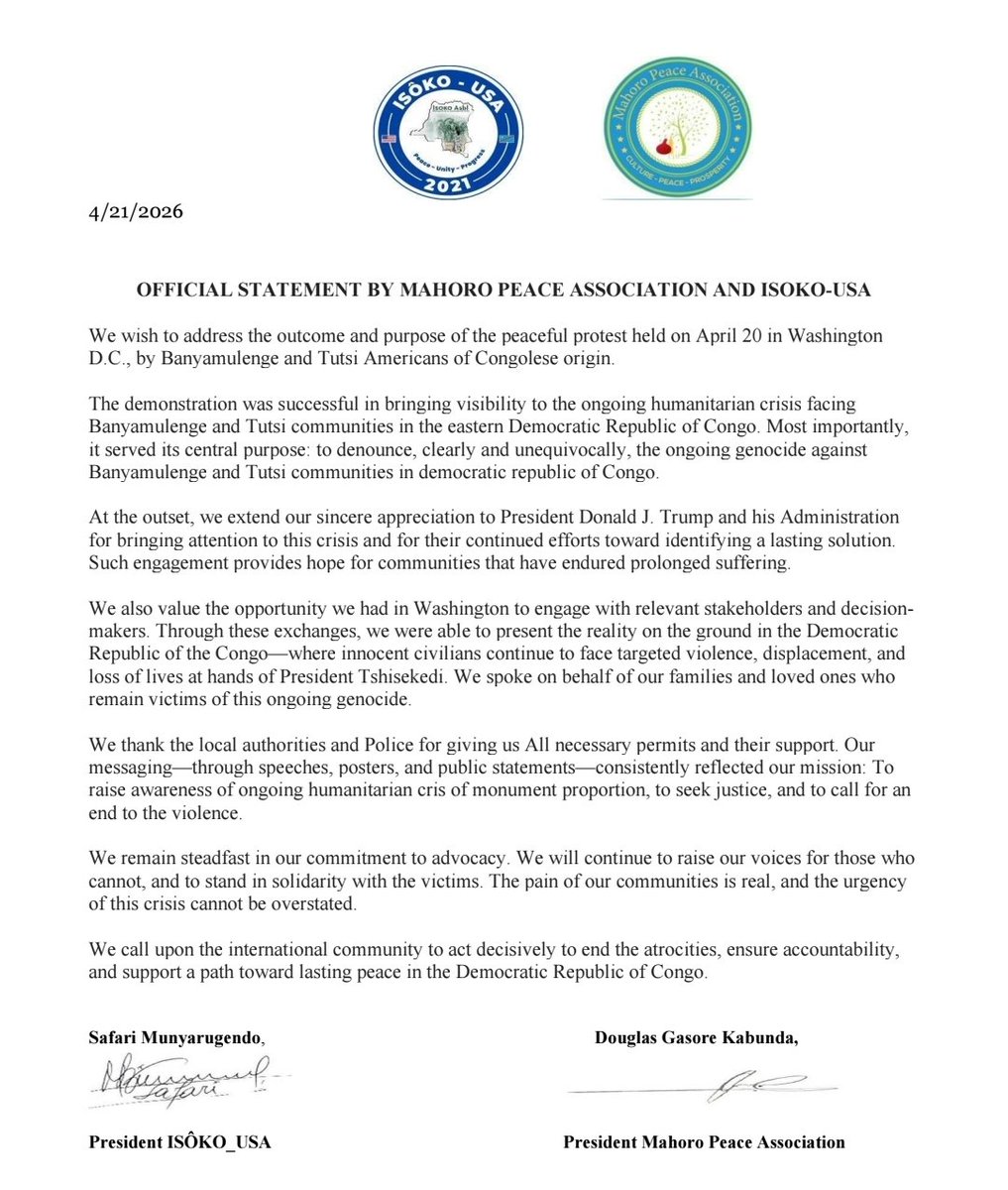 🚨📢🇺🇸JOINT STATEMENT  OF ISÔKO_USA and MAHORO PEACE ASSOCIATION 

Subject:  Purpose and Outcomes of the  peaceful protest held on April 20th, 2026 in Washington DC 

We wish to address the outcomes and purpose of the peaceful protest held on April 20 in Washington D.C. organized