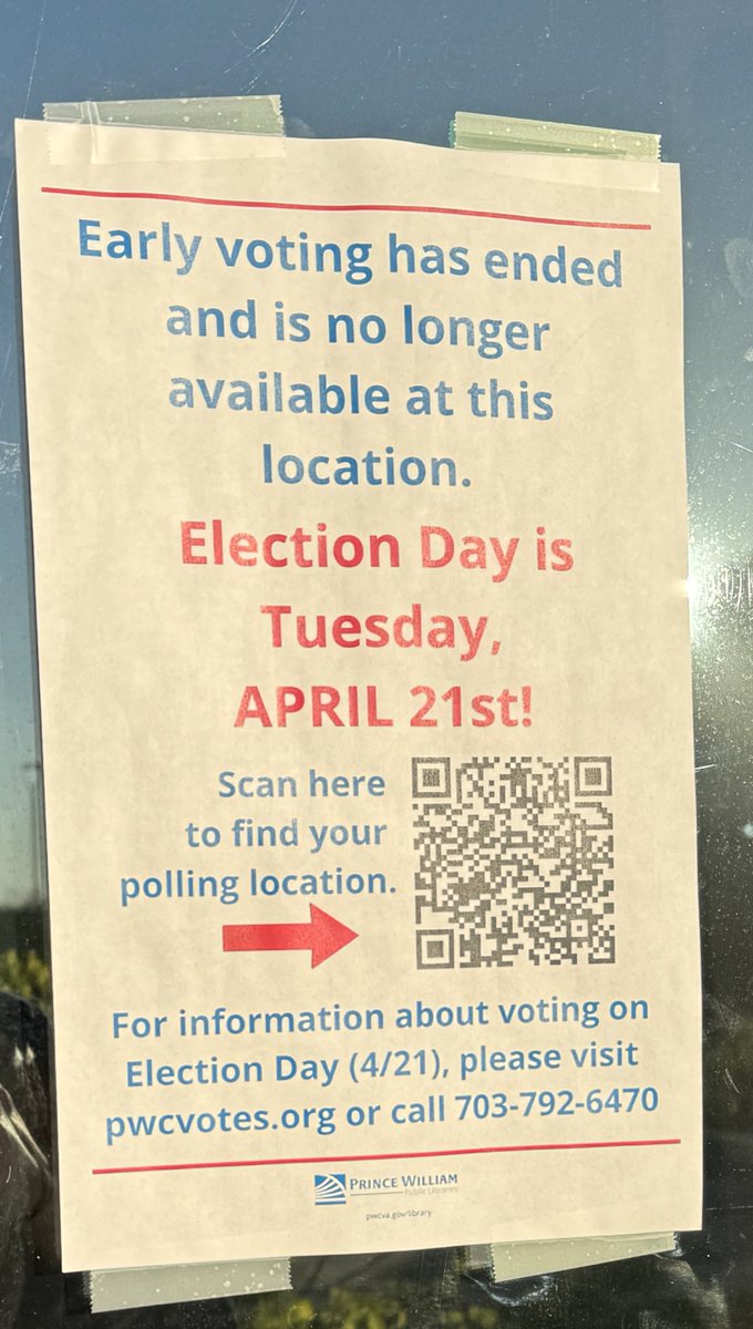 AmandaLeeHouse's tweet photo. @ProjectVirginia I went to where I often go to vote, Haymarket Library, and it was closed this morning. There was a small sign though on one of the doors saying “early voting has ended.” Prince William County. https://t.co/k4pLgParVf