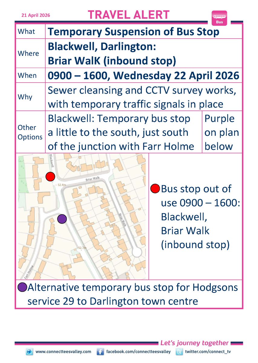 connect_tv's tweet photo. BLACKWELL, DARLINGTON: Briar Walk (inbound) northbound bus stop suspended 0900-1600 Wednesday 22 April. For Hodgsons service 29 to town centre use temporary stop a little to south, just south of Farr Holme where footway ends. https://t.co/U2BNB9yCJF @darlingtonbc @HodgsonsCoaches https://t.co/EGyAgzYAmc