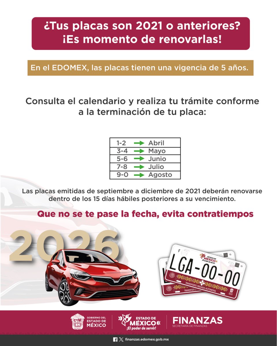FinanzasEdomex's tweet image. 🚘 Si tus placas son 2021 o anteriores ¡Ya toca renovarlas!

En el #EdoMéx, tienen una vigencia de 5 años, por lo que en 2026 muchos vehículos deberán realizar su trámite.

#ElPoderDeServir