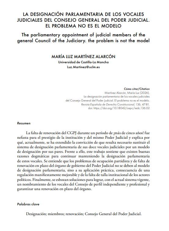 redc_cepc's tweet photo. 🟡En la #REDC136 se publica «La designación parlamentaria de los vocales judiciales del Consejo General del Poder Judicial. El problema no es el modelo», de María Luz Martínez Alarcón.

🔗Acceso a través https://t.co/hTYDcJjMq1 https://t.co/x721bqJ5Ei