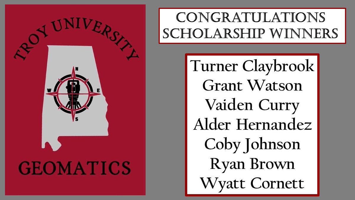 GeospatialTroy's tweet photo. We want to congratulate all the Surveying and Geomatics Sciences students who were awarded scholarships this semester. Each one is very deserving, and we trust they will make great surveyors when they complete their degree at Troy. https://t.co/lJ2OmJ7p7K