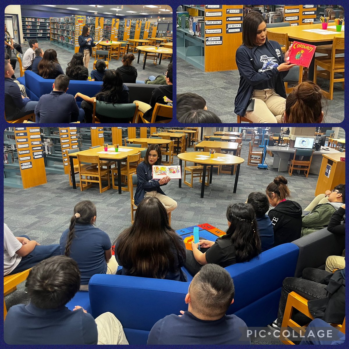 WClarkeLibrary's tweet photo. Our Cowboys had a special guest reader today for National Library Week. Our amazing principal Mrs. Palmer 💙📚🥳 Thank you so much! We loved the story 💙📚 @WalterEClarkeMS #sisd_reads https://t.co/KKZjggHGoK