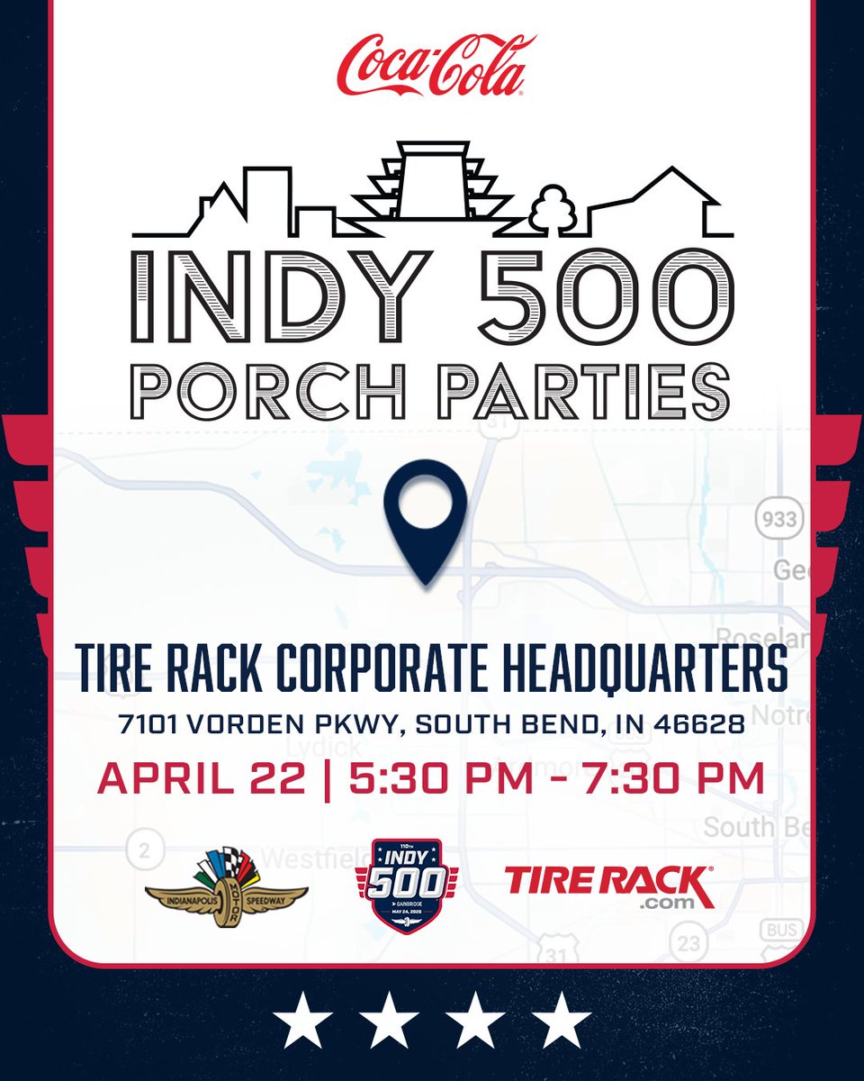IMS's tweet image. 🚨 TONIGHT at @TireRack HQ in South Bend 🛞

It's  time for the first #Indy500 Coca-Cola Porch Party of the year! Porching  kits, which include a yard sign, flags, bunting and more free accessories, will be available on a first come, first serve basis while  supplies last.

🔗