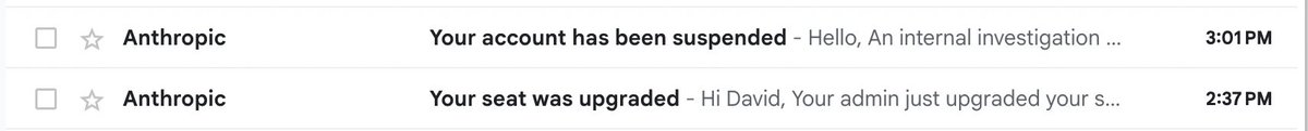 david_currant's tweet photo. @AnthropicAI upgraded our seat at 2:37 PM on Friday, April 17, 2026.

At 3:01 PM, they suspended our account.

24 minutes.

That is how fast trust can die on an AI platform. https://t.co/qSMOXIt8gj