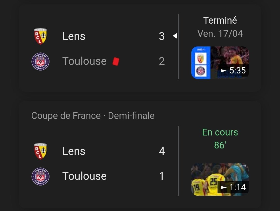 Lens qui bat Toulouse sur 2 matchs consécutifs...