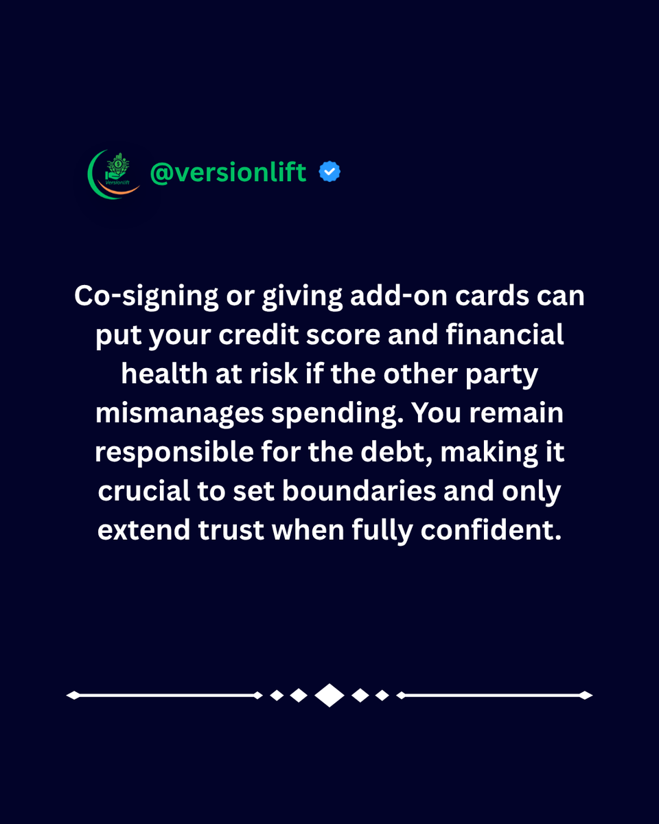 versionlift's tweet image. “Helping Someone Could Hurt Your Credit”

#versionlift #CreditScore #MoneyTips #PersonalFinance #SmartMoney #FinancialAwareness #DebtManagement #MoneyMindset #FinancialDiscipline #CreditRisk