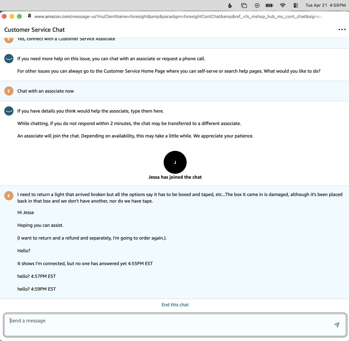 ElisaBW's tweet photo. @amazon I am on chat and it says someone joined many minutes ago, but no one is answering. Attached are screen shots with time upper right. It was like pulling teeth to even figure out how to get a live agent, but no one is answering. Still no one 5:01PM https://t.co/O4ZDm2K6Be