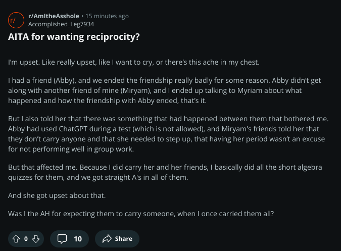 AmITheAssholeX's tweet image. AITA for wanting reciprocity?

 #aitah #amitheasshole #advice