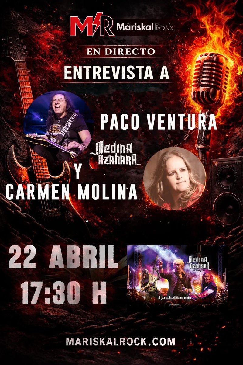 Mañana visitamos los micros de <a href="/mariskalrock/">mariskalrock</a> para seguir presentando “Medina Azaha en Imágenes. Hasta la última nota”.  📕 
⏰ 17:30 h.
⬇️ 
mariskalrock.com/live_radio/