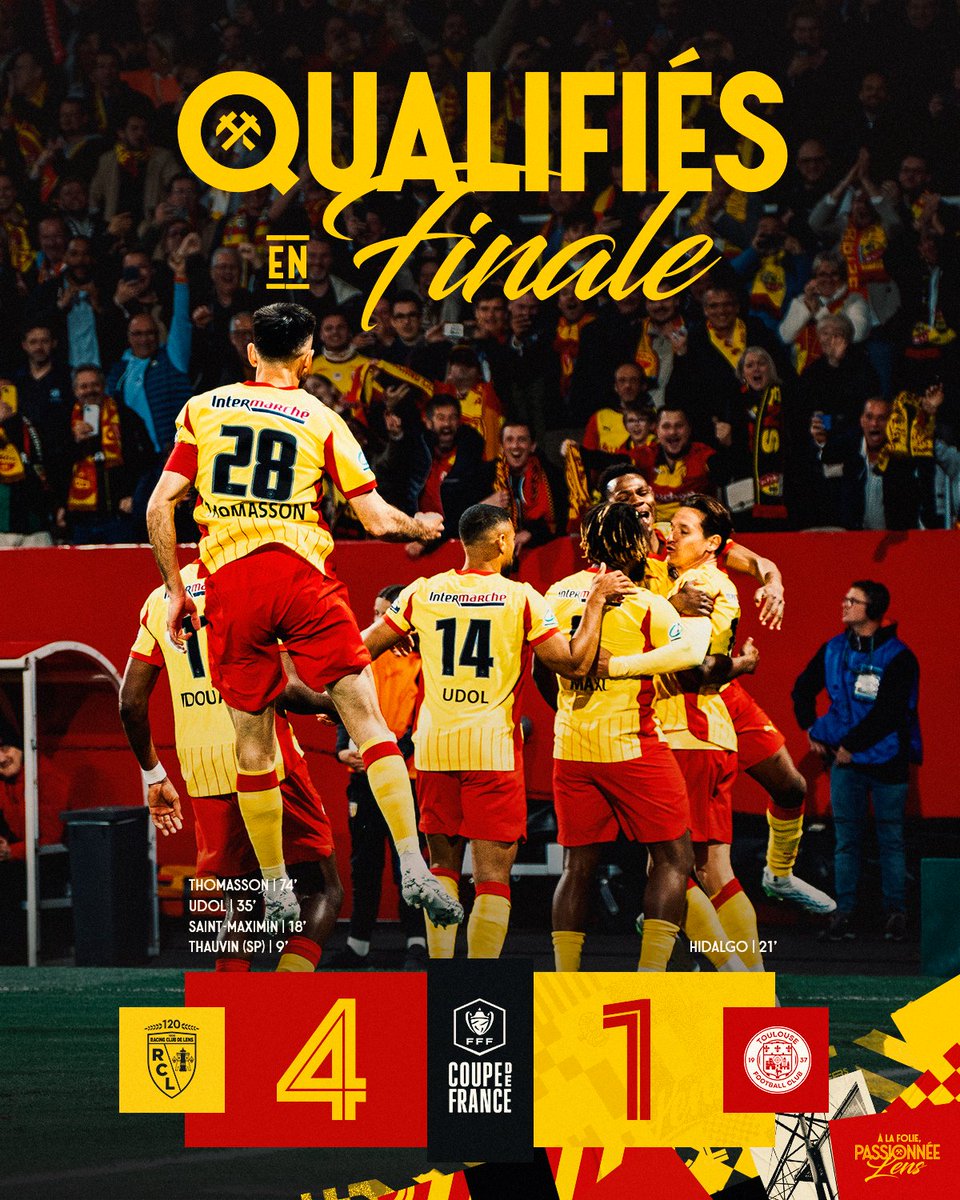 𝙊𝙉 𝙀𝙎𝙏 𝙀𝙉 𝙁𝙄𝙉𝘼𝙇𝙀 ❤️💛 

Spectaculaire et emmené par un Bollaert des (très) grands soirs, le Racing s'impose largement et rallie la finale de la <a href="/coupedefranceCA/">Coupe de France Crédit Agricole</a> pour la première fois depuis 1998. Merci Lensois !!! 👏

#RCLTFC #CoupeDeFrance