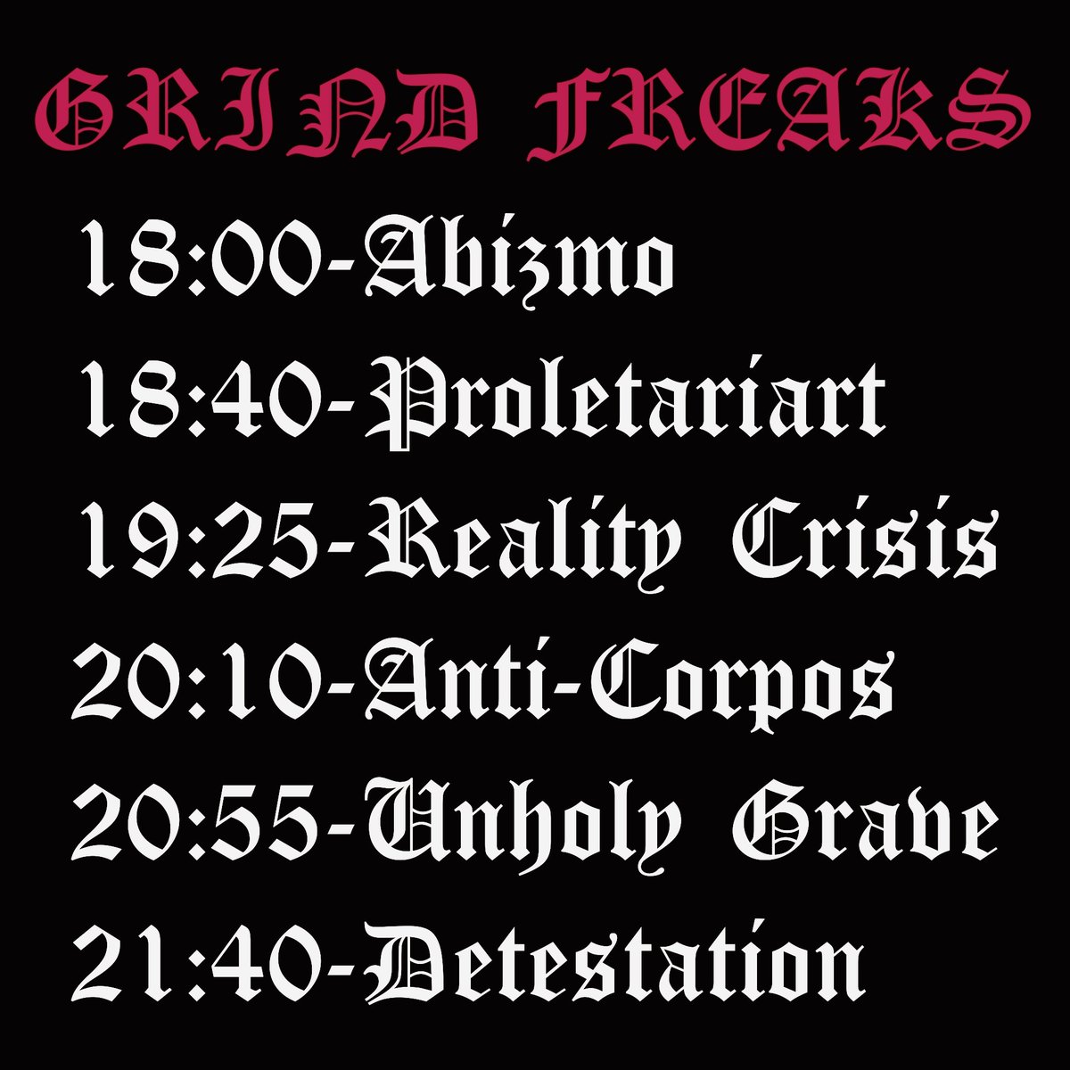GrindFreaks's tweet photo. 【１週間後】
4月29日(水)
'Detestation/Anti-Corpos'
-名古屋公演-
at Red Dragon
open 17:30
start 18:00
charge/¥3000+Drink
(Door Ticket Only)
-出演-
Detestation(USA)
Anti-Corpos(Germany)
Reality Crisis
Proletariart
Abizmo
Unholy Grave https://t.co/6zd31XXXia