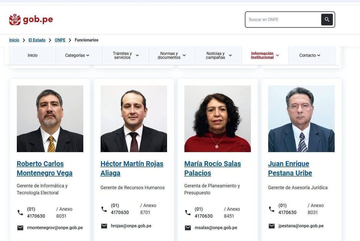💥 Gerentes de la ONPE señalados como responsables del escándalo electoral también deben irse, como son los cuatro altos funcionarios: Roberto Carlos Montenegro Vega (Gerente de Informática y Tecnología Electoral), Héctor Martín Rojas Aliaga (Gerente de Recursos Humanos), María