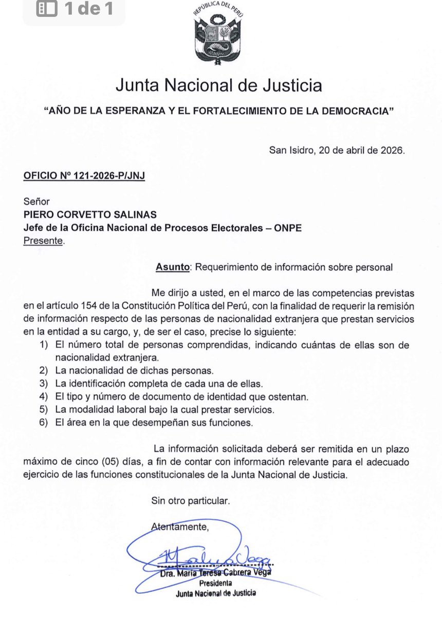 El oficio de la Junta Nacional de Justicia que habría precipitado la renuncia de Piero Corvetto.
Miren 👇👇👇👇👇