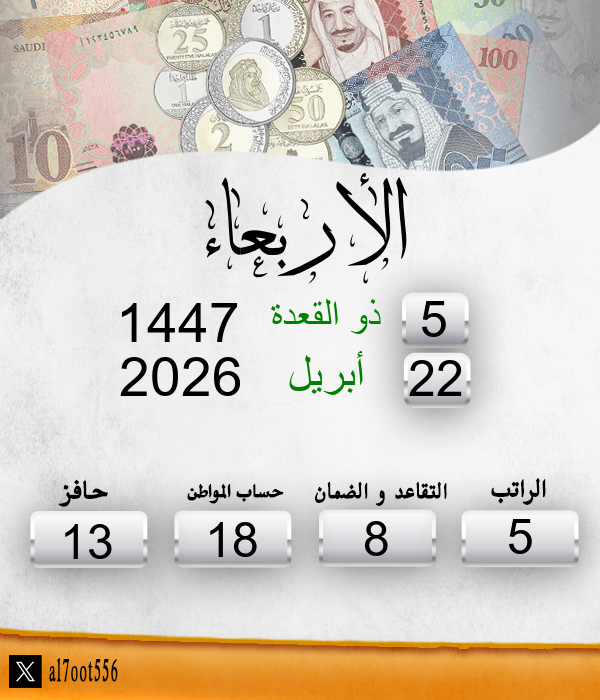 al7oot556's tweet image. تاريخ اليوم الاربعاء الموافق: 5/11/1447  
موعد إيداع الراتب الاثنين الموافق: 10/11/1447  
الأيام المتبقية لإيداع الراتب: 5 ايام