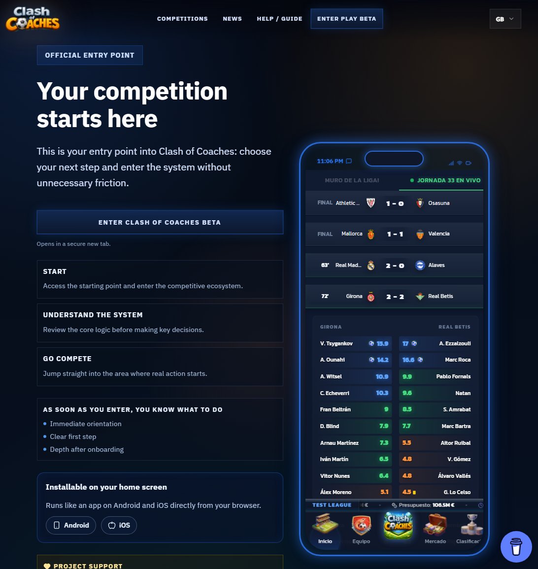 ClashOfCoaches's tweet photo. The game is live. The data is live.

Clash of Coaches now updates in real time during matchday: scores, form shifts, and market pressure while games are being played.

Step in and build your edge.
https://t.co/BTH6oLaWHc
#FantasyFootball #GameDev
Game Week 33, Spanish League https://t.co/ADXiB6cuHZ