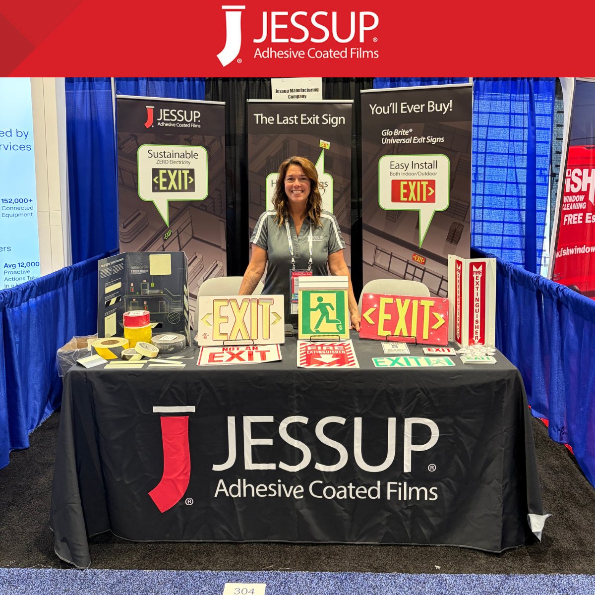 JessupMfg's tweet photo. We’re live at ConnexFM and set up in booth #304!

The booth is ready and we’re excited to connect. Stop by to see our Glo Brite® Universal Exit Signs and adhesive-coated solutions in action—built for performance, designed for simplicity.

If you’re at the show, come say hello 👋 https://t.co/9R21F5c8EL