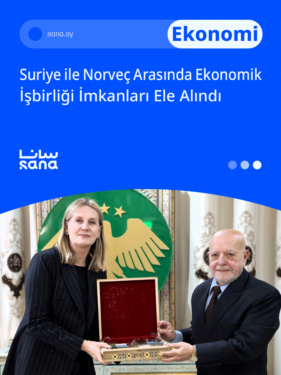 arap_ajans's tweet image. Suriye Ekonomi ve Sanayi Bakanı Nidal El-Şaar, Norveç'in Şam Büyükelçisi Hilde Haraldstad ile bir araya gelerek iki ülke arasındaki ekonomik ilişkileri geliştirme ve ticaret hacmini artırma yollarını görüştü.

sana.sy/tr/economy/229…

#Suriye #Norveç #Ekonomi #NidalElŞaar