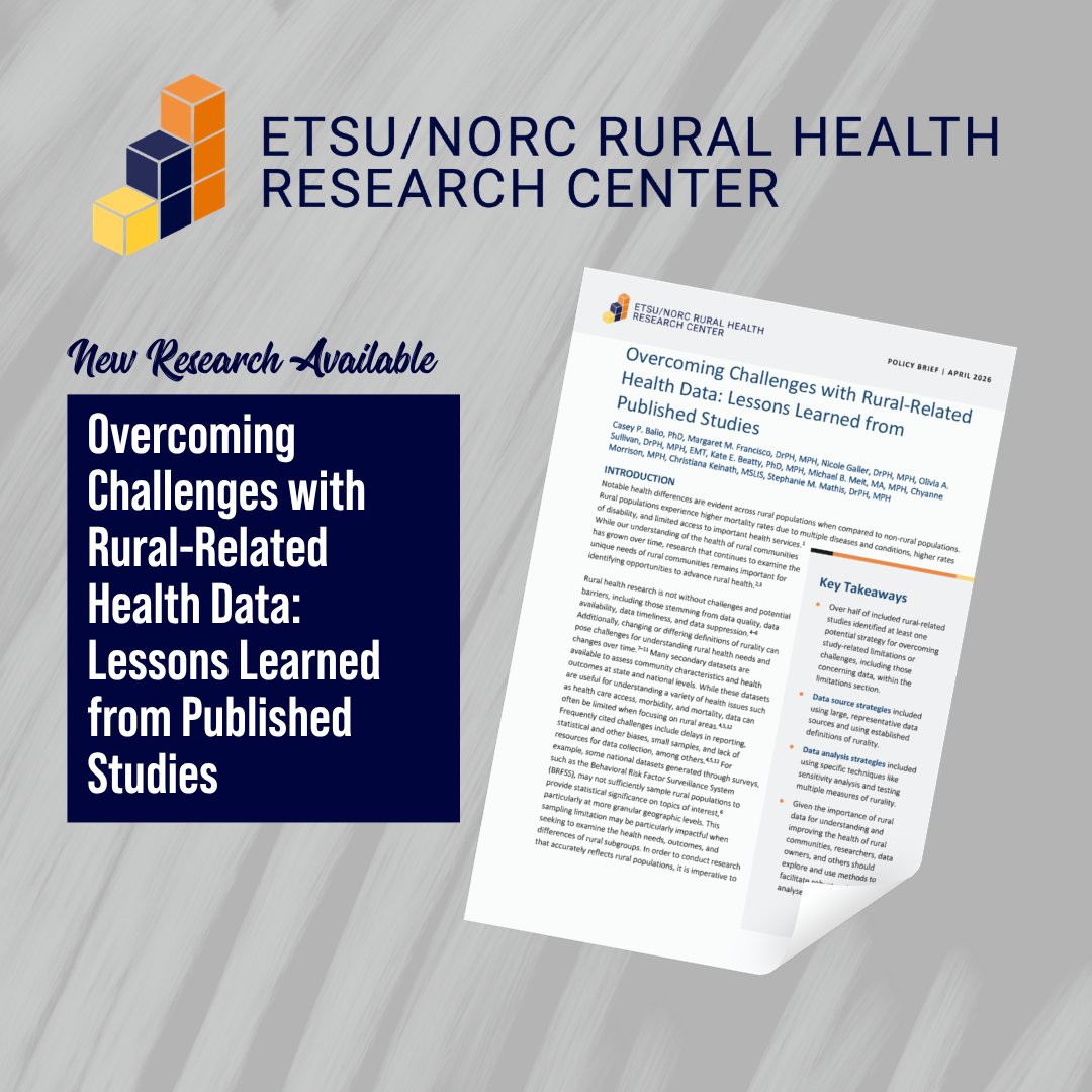 etsu_norc_rhrc's tweet image. New study from the ETSU/NORC Rural Health Research Center highlights ways to strengthen rural health research.

Better data = better rural health decisions.

Explore key strategies to strengthen rural research 👇

ruralhealthresearch.org/publications/1…

#RuralHealth #HealthData #PublicHealth