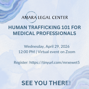 AmaraLegal's tweet photo. Are you a nurse, doctor, or other medical provider? Join Amara for a virtual Human Trafficking 101 training on April 29, 2026 at 12pm.

Learn about the dynamics of human trafficking, including risk factors, red flags, and how to identify survivors.

RSVP: https://t.co/hoqV3UDkvb https://t.co/z2S6jhT5dr