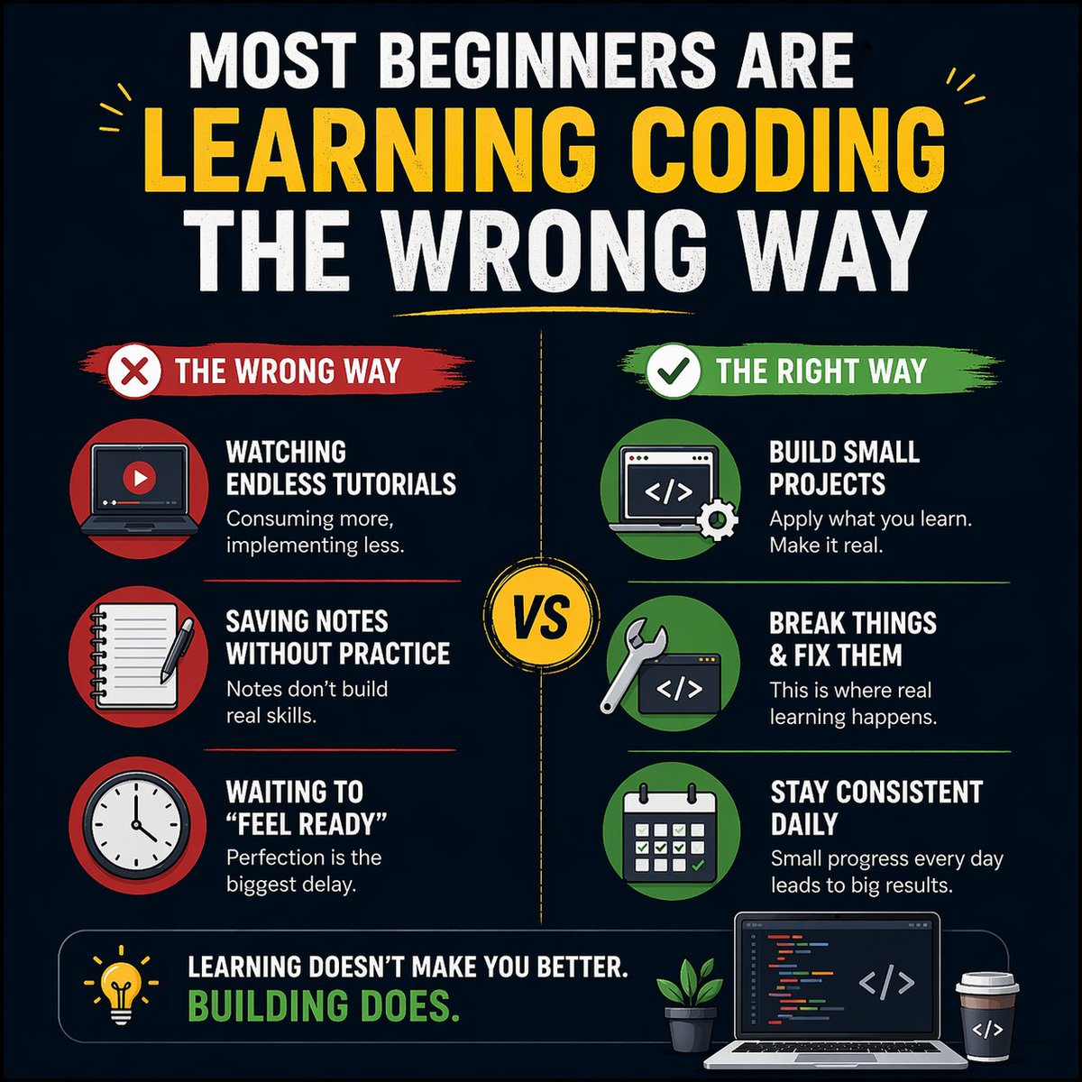 alok_rashmi_sen's tweet image. Most beginners learn coding the wrong way.

❌ Tutorials
❌ Notes
❌ Waiting
Real growth =
→ Build projects
→ Break things
→ Stay consistent
If you can’t build, you don’t know.

#Coding #Developers #LearnToCode #BuildInPublic