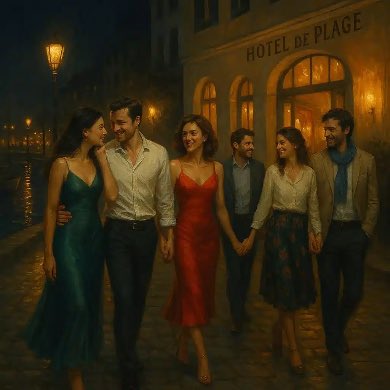 Cuentoromantic's tweet image. Six friends, one unforgettable night in Biarritz. Walking back to the hotel hand in hand, feeling the ocean breeze, and knowing that some secrets are best kept behind closed doors. 🌙✨ #FriendshipGoals #SummerNights #LoveStory.