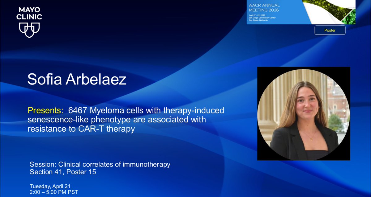 YiLinMDPhD's tweet photo. Afternoon poster session kick off now #AACR26! Find out #mmsm cell plasticity &amp; senescence as a mechanism of resistance to #BsAb &amp; #CART by undergraduate superstar Sofia Arbelaez @Yale https://t.co/Vjn1q8FpPg &amp; @christoscha @MegVoda https://t.co/b1fXWBU2BV @MayoCancerCare https://t.co/uayIMMLqfa