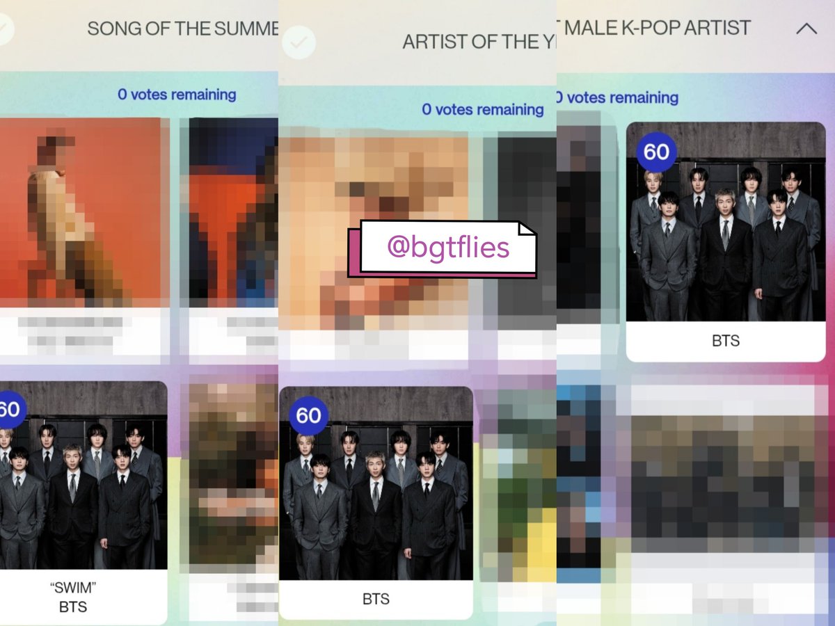 — MORADAS, no olviden pasar dejando sus votos a los AMAS, hoy es "TURBO DAY" así que debemos aprovechar lo MÁXIMO‼️

🔗:vote.theamas.com/new-artist-of-…

VOTE BTS IN ARTIST OF THE YEAR
VOTE SWIM IN SONG OF THE SUMMER
VOTE BTS IN BEST MALE K-POP ARTIST
#VoteForBTSonAMAs