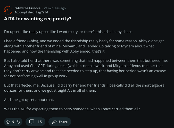 AmITheAssholeX's tweet image. AITA for wanting reciprocity?

 #aitah #amitheasshole #advice