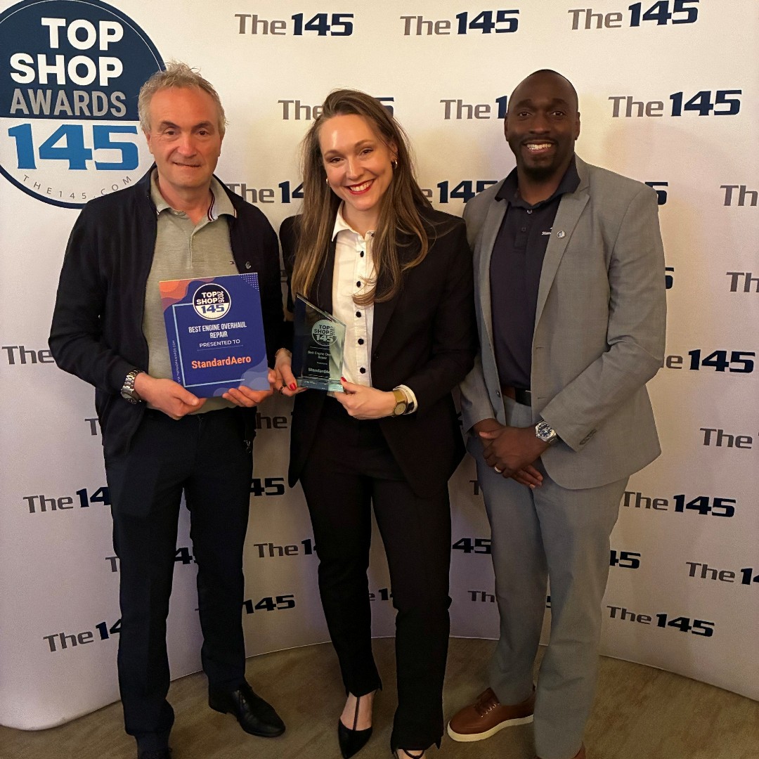 StandardAero's tweet photo. MRO Americas 2026 is underway in Orlando! We’re honored to receive The 145 Top Shop award for Best Engine Overhaul for the 4th year in a row. Thank you to everyone who voted for us.  https://t.co/uvSTb1B4gk 
#MROAM #The145 #Aviation #MRO #Aerospace #Orlando #EngineOverhaul https://t.co/ceiB6C91No