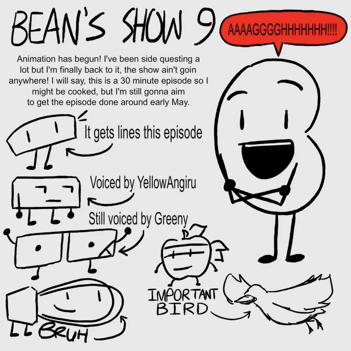 SacriStuffNews's tweet photo. Sacri has made a new community post regarding the upcoming Beans Show episode!!

Animation has officially begun for episode and it is aimed be completed around early may! https://t.co/pj3C4ITvAy