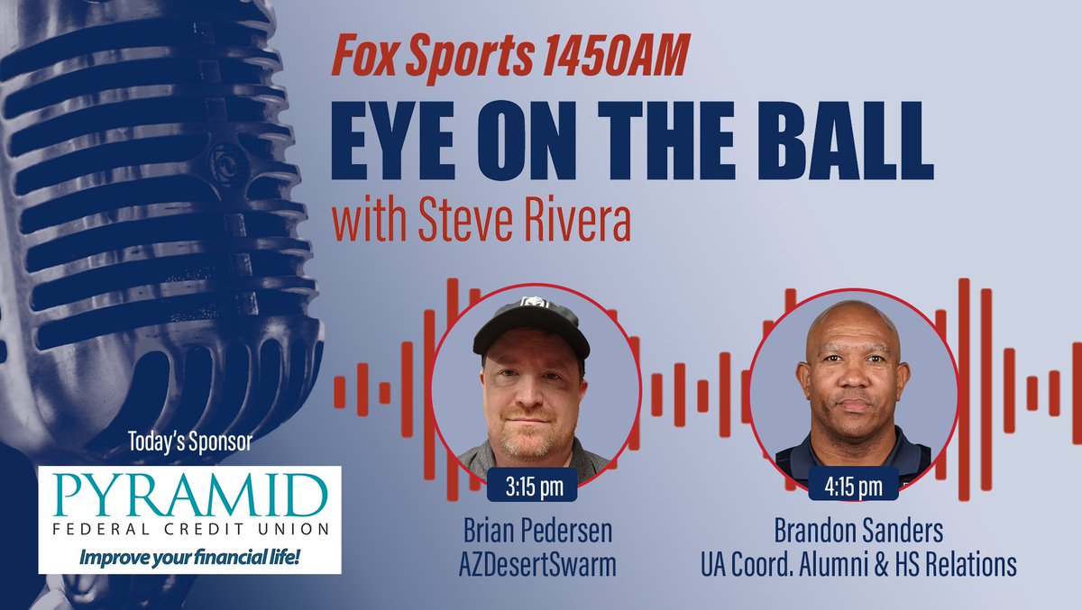 EyeTucson's tweet photo. Today with @steverivera95 &amp; @RCCerv

3:15-Brian Pedersen, @realBJP,@AZDesertSwarm Site Manager

4:15-Brandon Sanders,@coachBSanders18, @ArizonaFBall Coord. Alumni &amp; HS Relations

🕰3 p.m.-5 p.m.

📞(520) 416-7440
🎙https://t.co/rp8tPfElfo
📱@iHeartRadio, @ApplePodcasts, @Spotify https://t.co/fd8dFVrnVw
