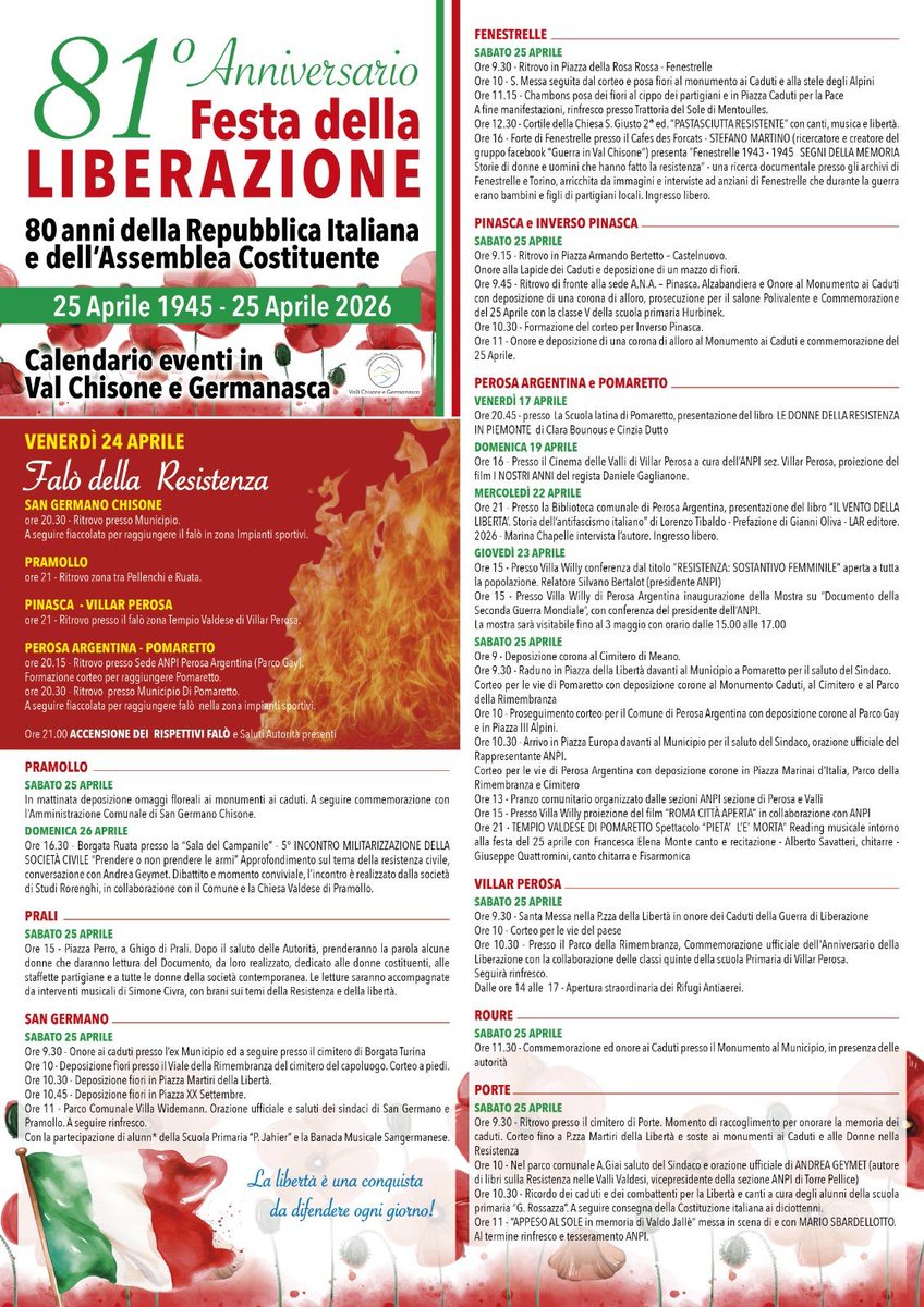 Valchisone2's tweet photo. 81° Anniversario della Liberazione: il programma degli eventi in Val Chisone e Germanasca https://t.co/Vkvdepl8cR https://t.co/j7ihJNOl5E