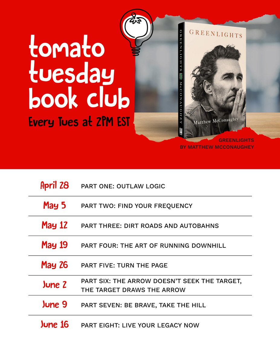 digital_tomato's tweet photo. Tomato Tuesday Book Club 📚 

On to book #5... 
Starts April 28th.   

Greenlights by Matthew McConaughey  

Every Tuesday at 2 PM EST https://t.co/3l6BIgowSw