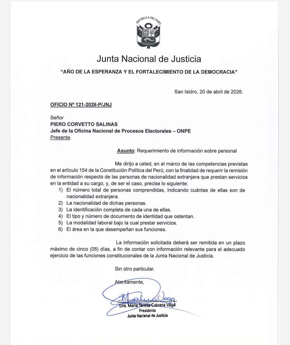 ¿LA PETICIÓN QUE PRECIPITÓ SU SALIDA?
💥 JNJ presionó a Piero Corvetto horas antes de su renuncia para que revelara cuántos extranjeros trabajan en la ONPE.

La petición fue enviada solo horas antes de que el funcionario presentara su renuncia irrevocable, según reveló el propio