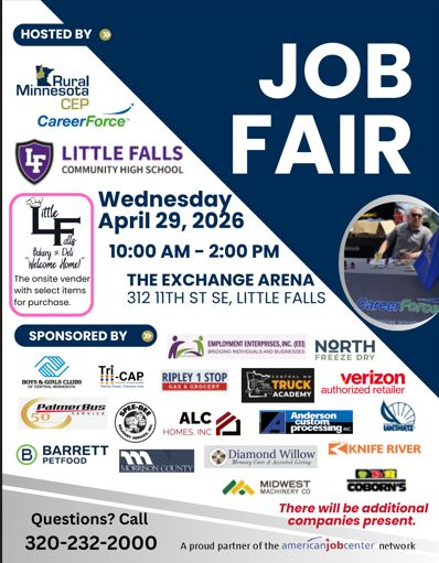 cdcmorrisonmn's tweet image. 📢 The #JobFair is set for 4/29 at the #ExchangeArena in #LittleFallsMN! Free &amp;amp; open to the public!

🤝🏼 EMPLOYERS call 📱 320-232-2000

🔎 JOB SEEKERS, plan to attend-no registration required-visit local employers!

🍩 Little Falls Bakery will have snacks to buy
#MorrisonCounty