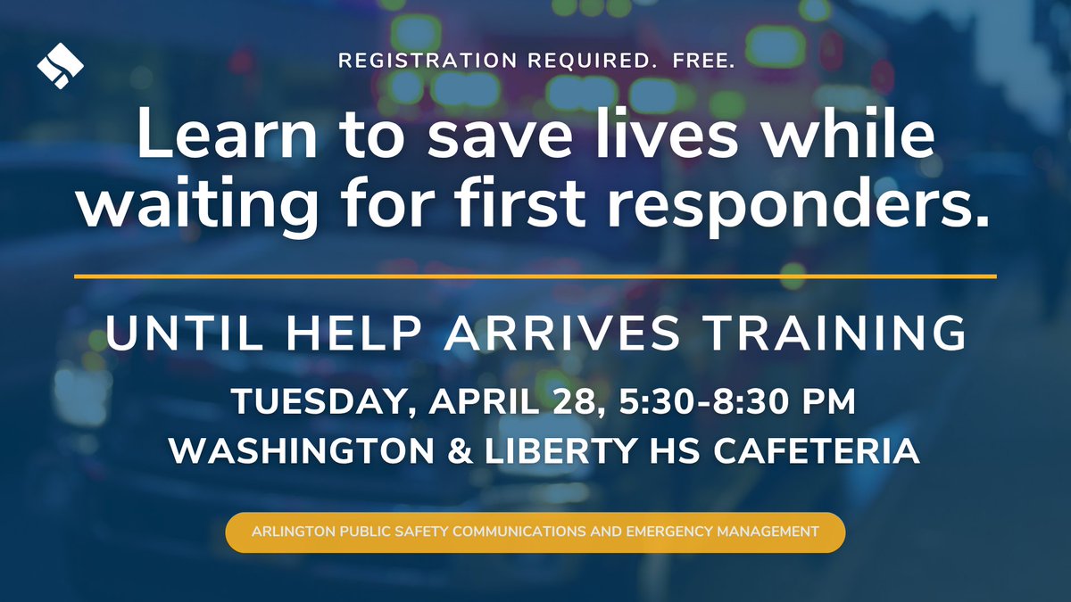 ReadyArlington's tweet image. Learn to stop major bleeding using tourniquets and direct pressure!

🚨 Sign up for our free Until Help Arrives training (Full Course) on April 28 from 5:30-8:30 PM: arlingtonva.us/Government/Dep…

#TakeAClass #BePrepared #ArlingtonPreparednessMonth