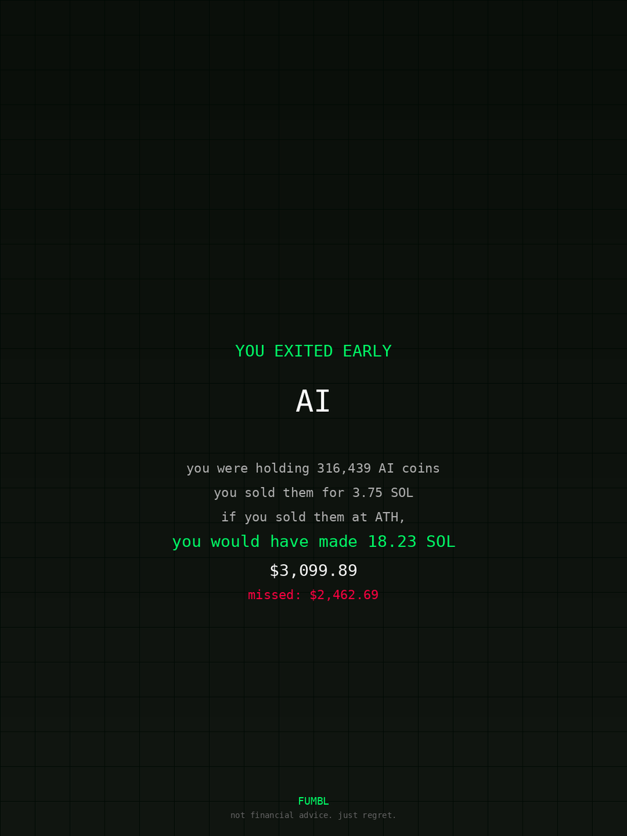 Tanzeem7's tweet image. Went to fumbledbags.com and saw I missed generational wealth on $AI 
coulda retired the fam 

FnsBEAbUjN9QWXCtMp7d1hN2WkEjUFQZqXQwvjbopump 
#zerion
#member