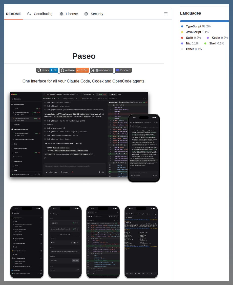 Paseo GitHub repo showing unified interface for Claude Code, Codex, and OpenCode agents with 4.3K stars, TypeScript, and mobile app screenshots