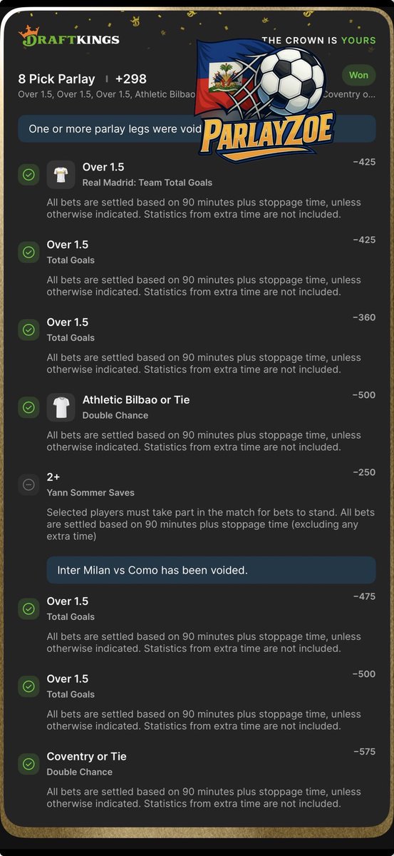 ParlayZoe's tweet image. They voided the Saves leg but still got the freebie 🫡✅⚽️ #GamblingX #soccer #Draftkings