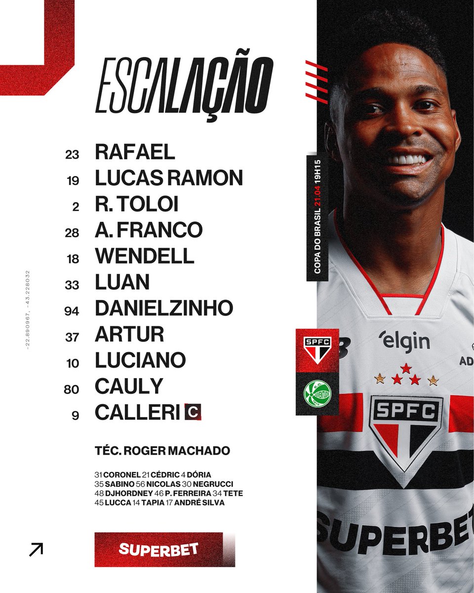 🇾🇪 O Tricolor está escalado!

⚽️ São Paulo x Juventude
🏟️ MorumBIS 
⏰ 19h15
🏆 Copa do Brasil 

📺 Sportv e Premiere 
🎙️ SPFC Play 

#VamosSãoPaulo 🇾🇪