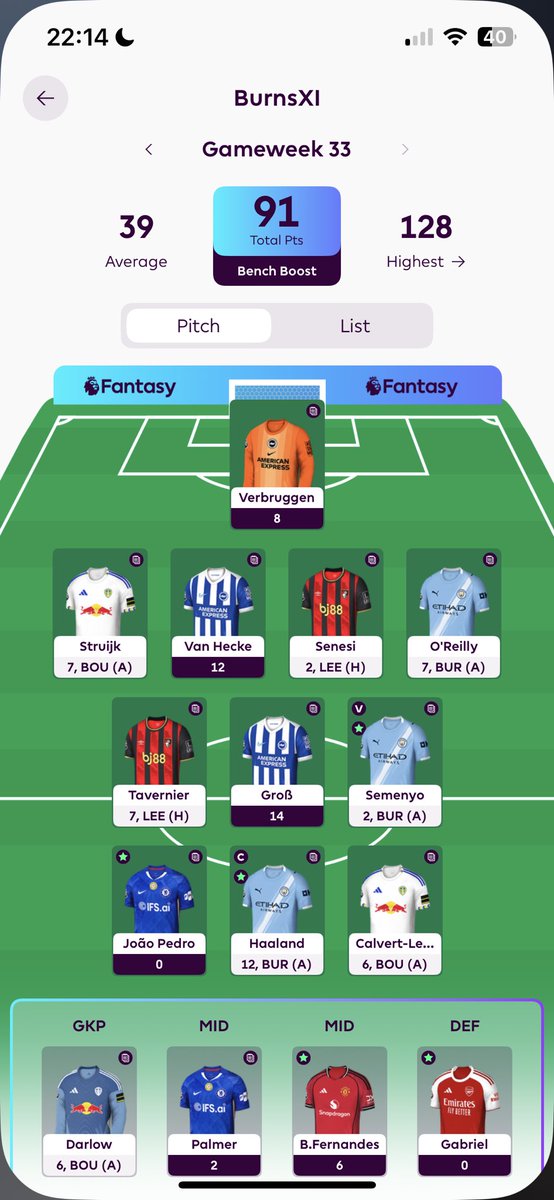 Burns8_'s tweet photo. @the_mediaman1 Im on 91 points with 8 to play including my captain. Dont care if pedro didnt start 🤣 https://t.co/TJYFra1PDH