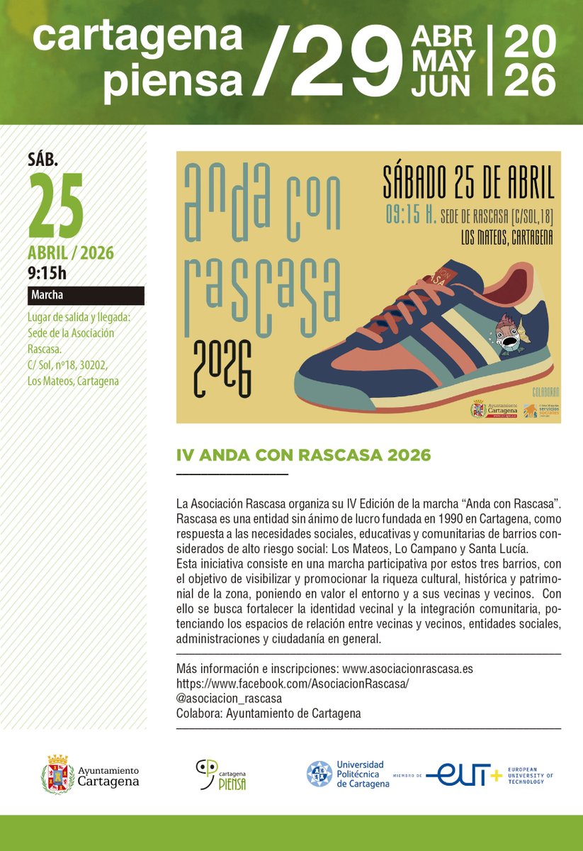 CtPiensa's tweet photo. ‼️Hoy miércoles acaba el plazo para la inscripción al Anda con RASCASA 2026‼️
Un recorrido en #Cartagena por la Barriada de Santiago, Lo  Campano, Santa Lucía y Los Mateos, con salida y llegada a la sede de  Rascasa. Sábado 25 de abril.
Inscripciones:
https://t.co/osiXQjievC https://t.co/Xi5J8436g0