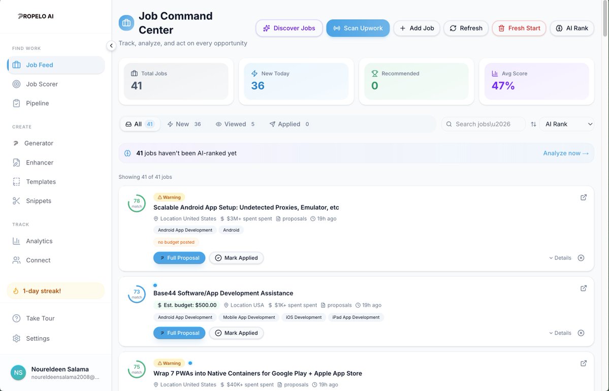PropeloAI's tweet image. Propelo scores every Upwork job 0–100 based on YOUR profile. 

80+ = strong match. Under 50 = skip.
Skills match, experience fit, budget range, competition level. 

No more guessing. No more wasted Connects. aipropelo.com

#Upwork #Freelance #PropeloAI #UpworkTips