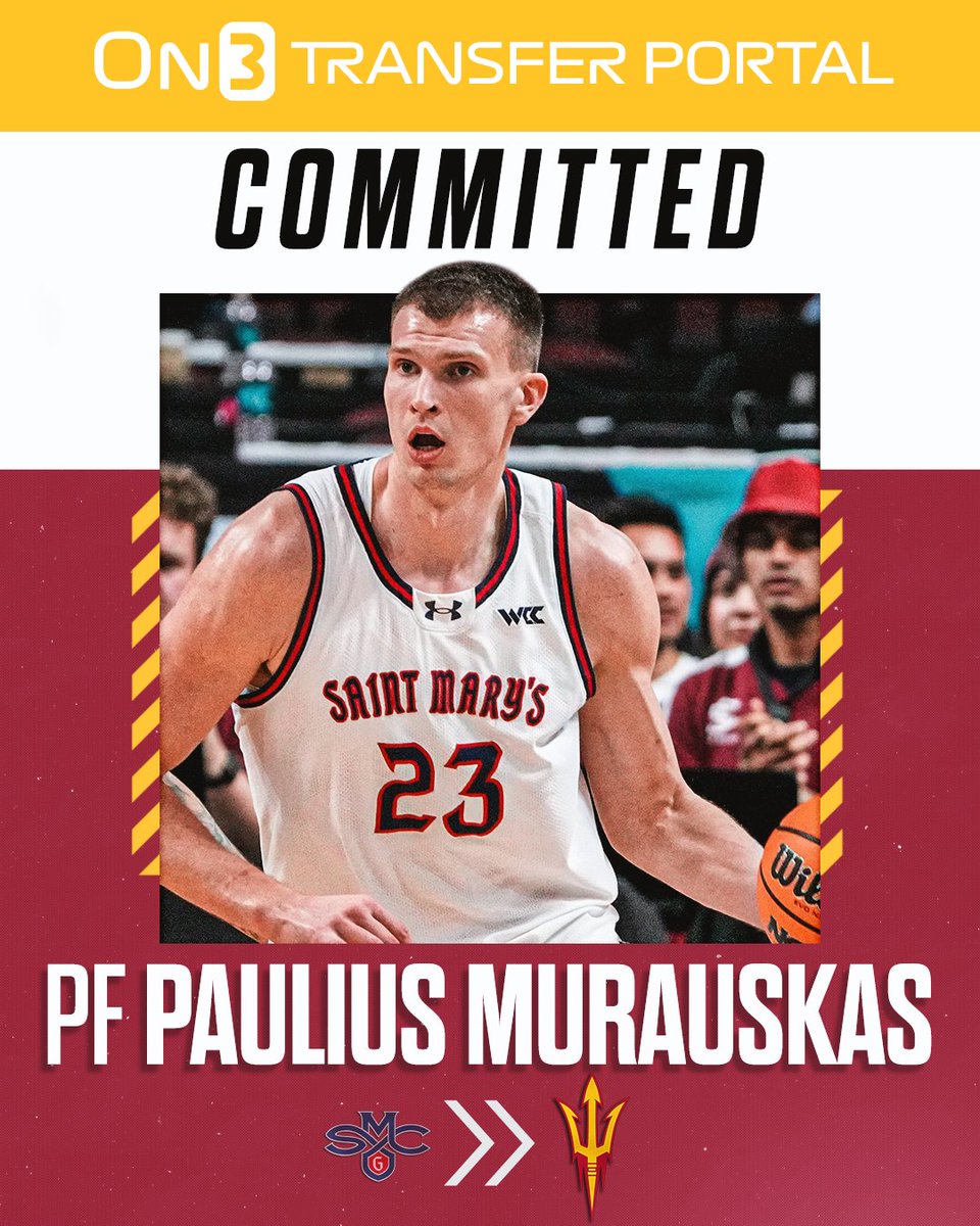 On3's tweet image. NEW: Saint Mary's transfer forward Paulius Murauskas has signed with Arizona State, @PeteNakos reports🔱

Murauskas ranks No. 8 in the On3 Industry Transfer Portal ranking. 

on3.com/news/saint-mar…