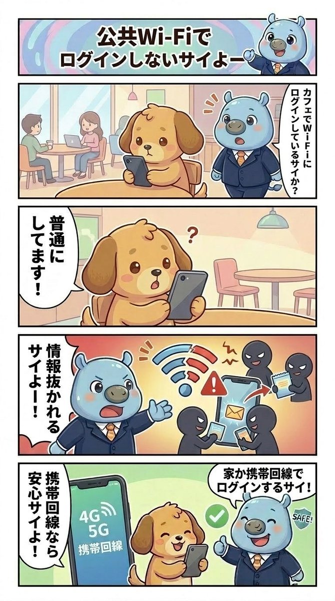 公共WI-FIでログインしないサイよー

#サイバ課長 
#サイバーセキュリティ 
#情報セキュリティ 
#セキュリティ対策 
#セキュリティ