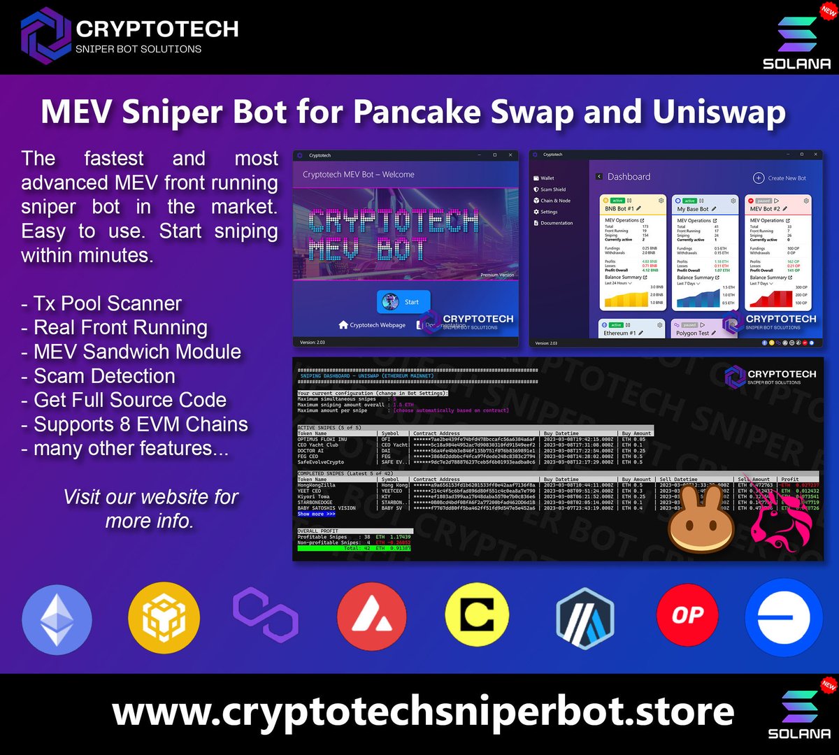 PanicoNa_Band's tweet photo. MEV Sniper Bot for Pancake Swap, Uniswap and Solana - Money Back Guarantee! Works on all major blockchains. Visit: https://t.co/SIHOPPfOIF #BNB #Ethereum #Solana #MEV #Sniperbot #Bitcoin #BTC https://t.co/PP18RYeyoo