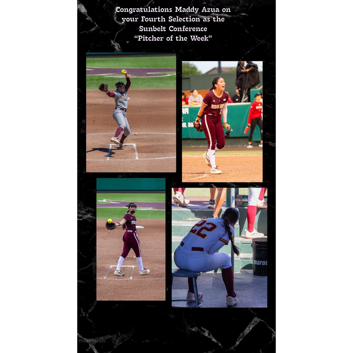 PhotoPete105's tweet photo. Congrats going out to Maddy Azua on your 4th selection as The Sunbelt Conference “Pitcher of The Week”
You are a legend!!
#pitcheroftheweek #sunbeltconference #txstsoftball https://t.co/1NPZ3E0NNq