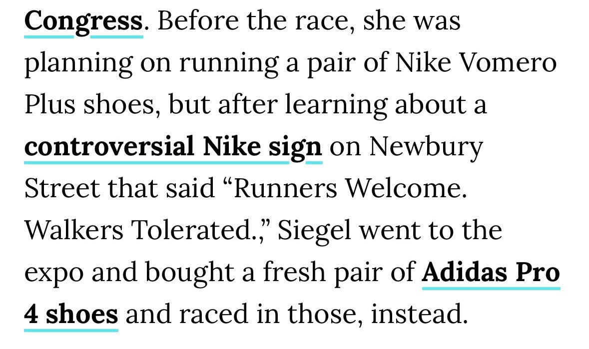 tckahler's tweet photo. The final official finisher at Boston ditched her Nike shoes for Adidas after seeing the “walkers tolerated” sign https://t.co/bFqbqxoIax